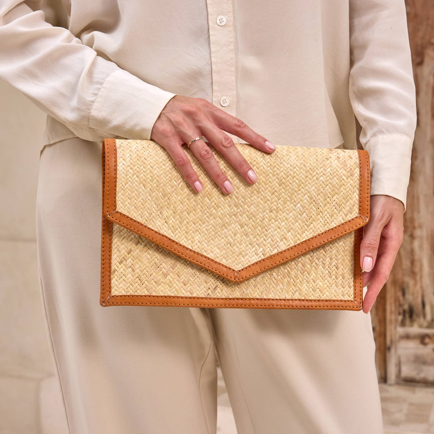 Ivory Rattan Clutch with Brown Leather Trim