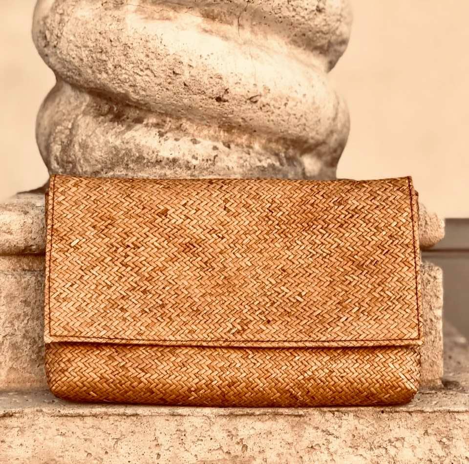 Rattan Clutch with Batik Print Lining - Brown