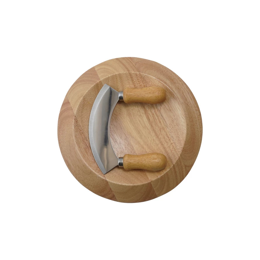Rubberwood Herb Cutting Board & Stainless Steel Mezzaluna & Inset, Set of 2