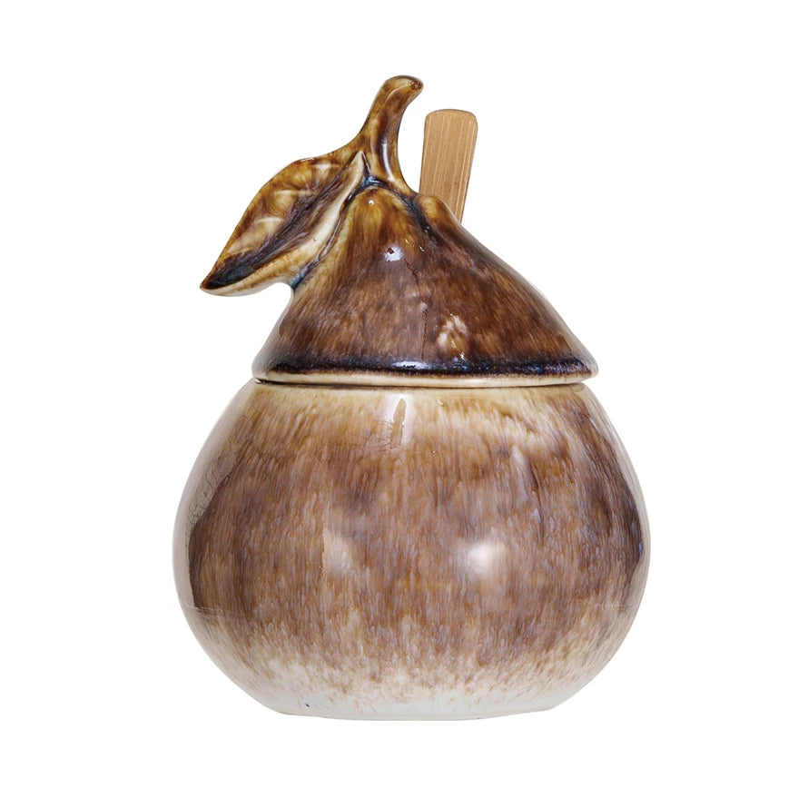 Stoneware Pear Shaped Sugar Pot w/ Wood Spoon (Set of 2)