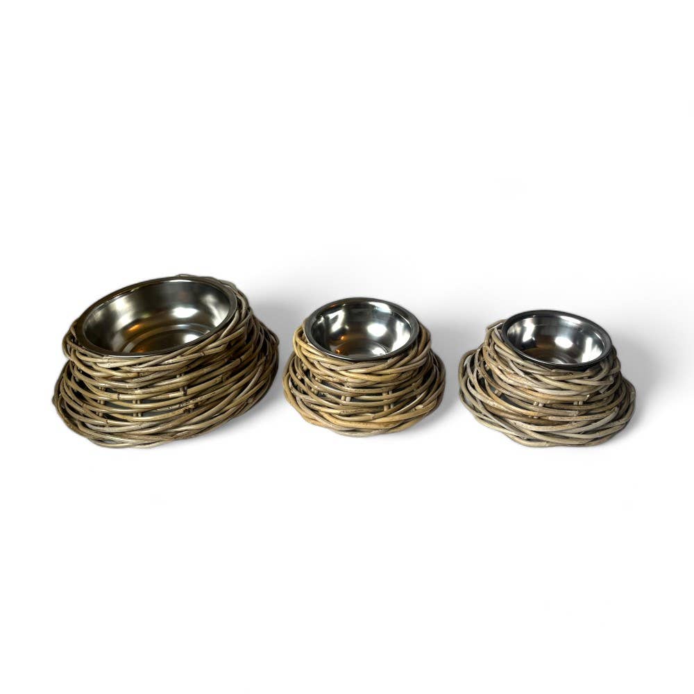 Rattan Pet Bowl with Stainless Steel Bowl - Small