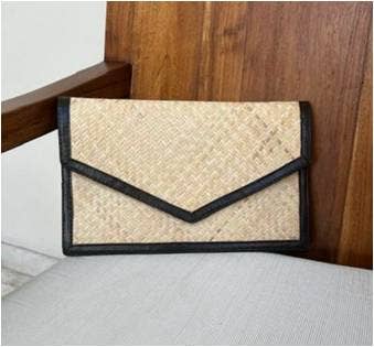 Ivory Rattan Clutch with Black Leather Trim