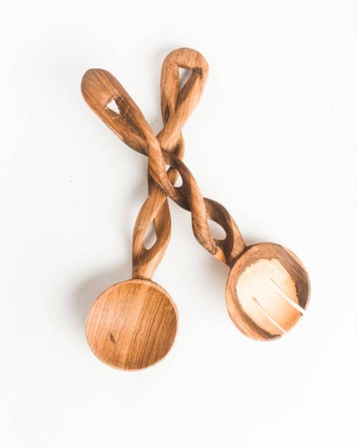 Olive Wood Spiral Salad Servers Set