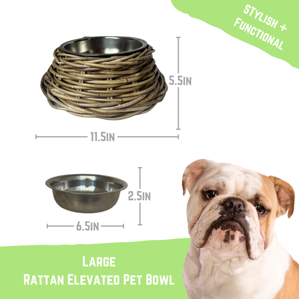 Rattan Pet Bowl with Stainless Steel Bowl- Large