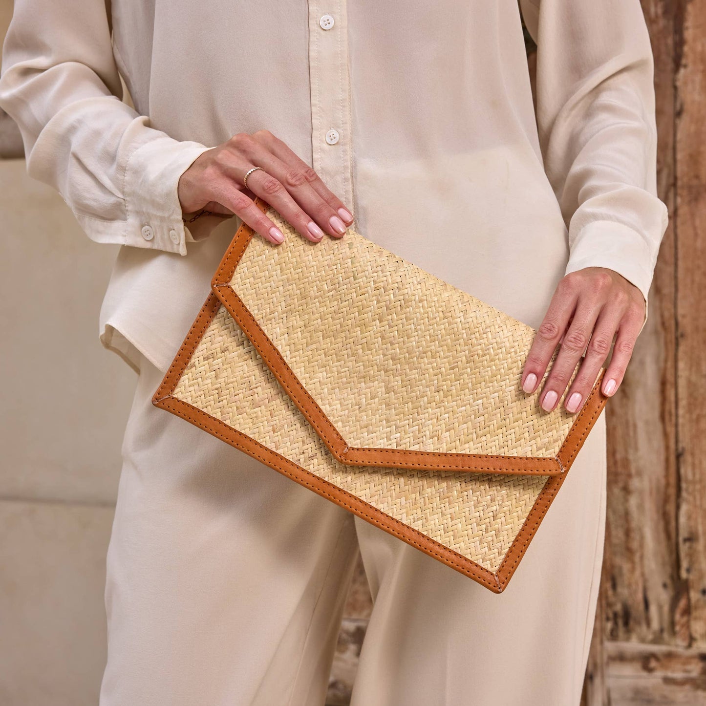 Ivory Rattan Clutch with Brown Leather Trim