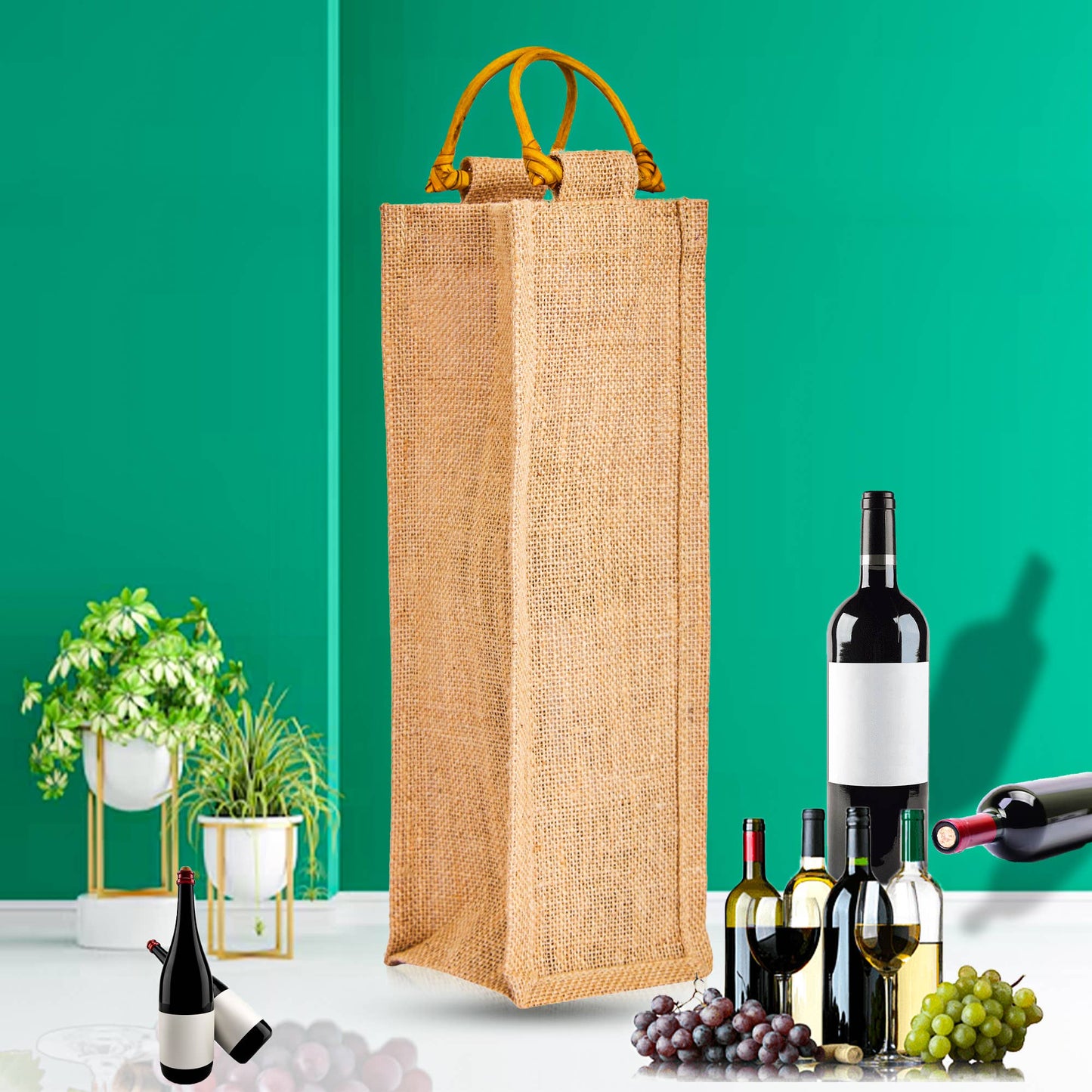 Burlap Jute Wine Bag With Cane Handle