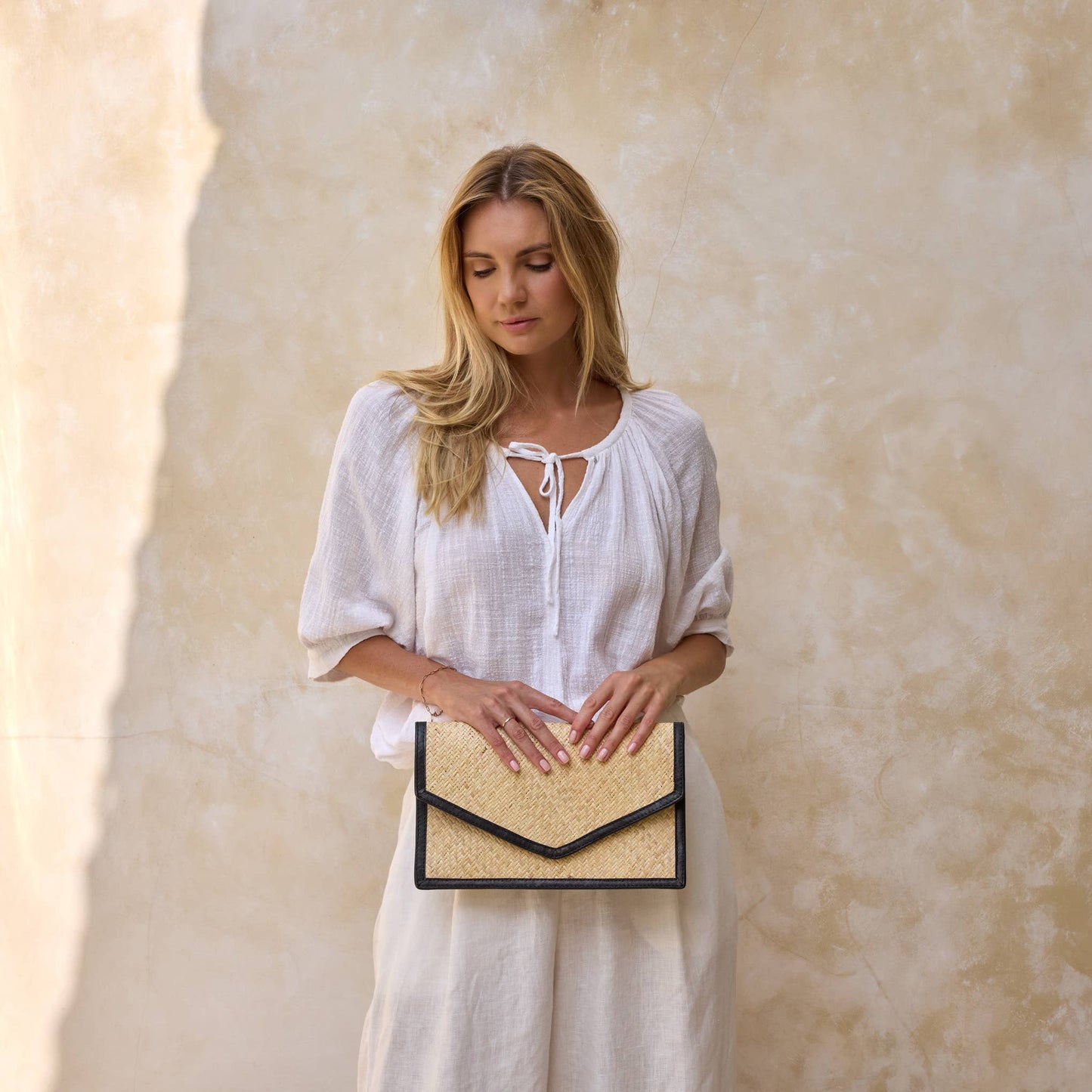 Ivory Rattan Clutch with Black Leather Trim