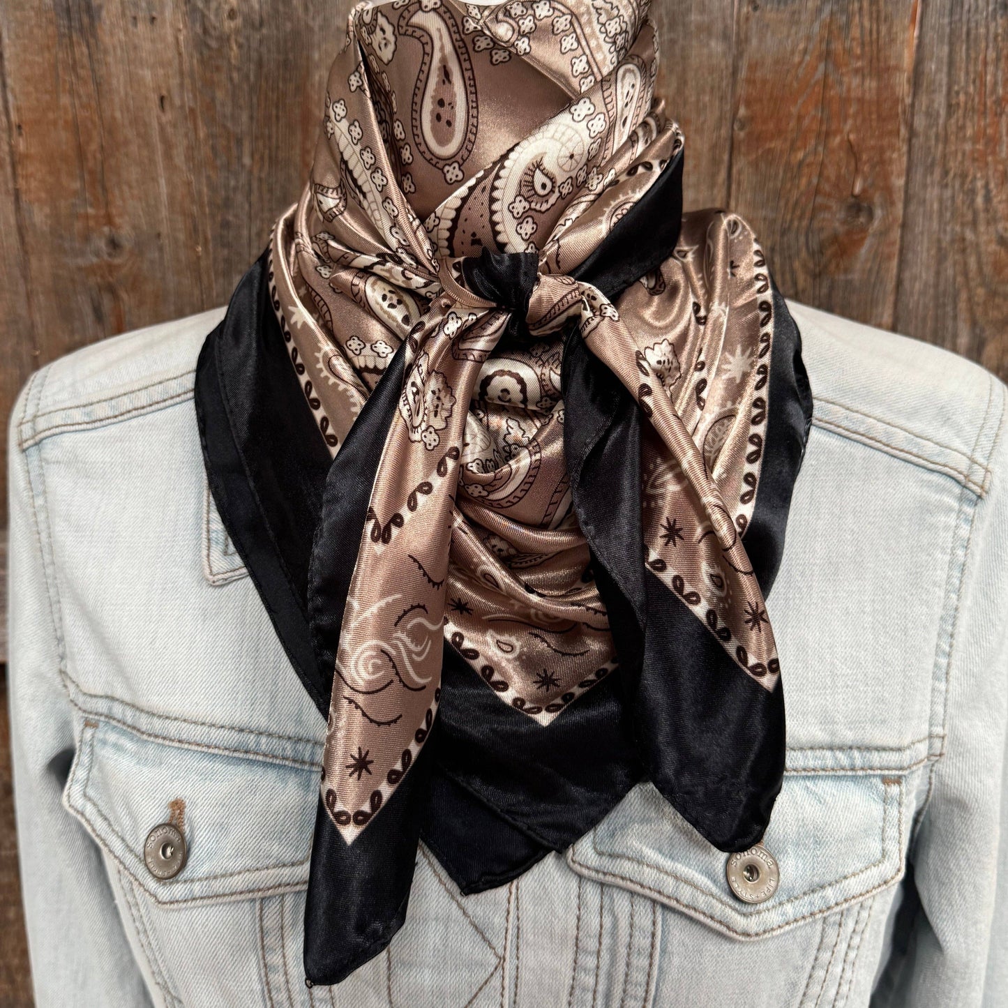 35X35"  Black and Tan Floral Paisley Wild Rag / Scarf