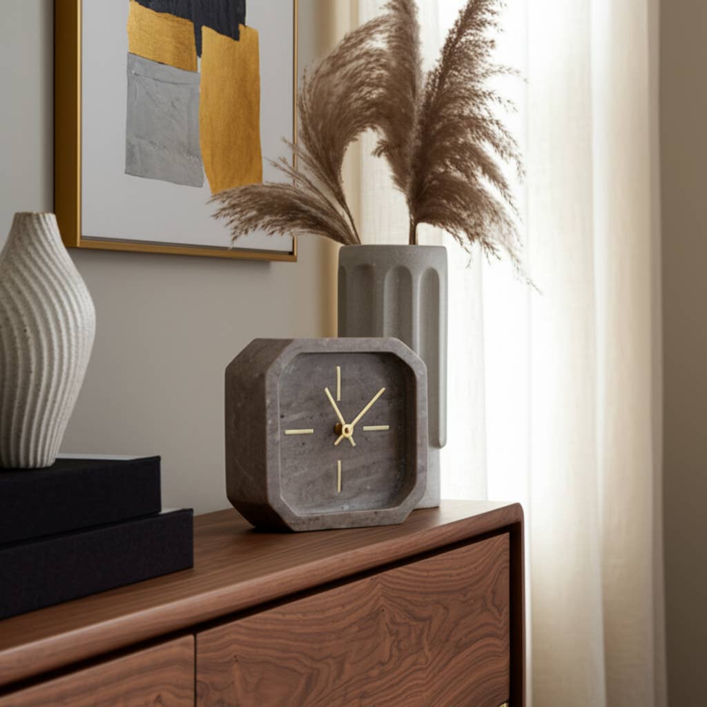 Brown/Gold 6” Marble Octagon Table Clock