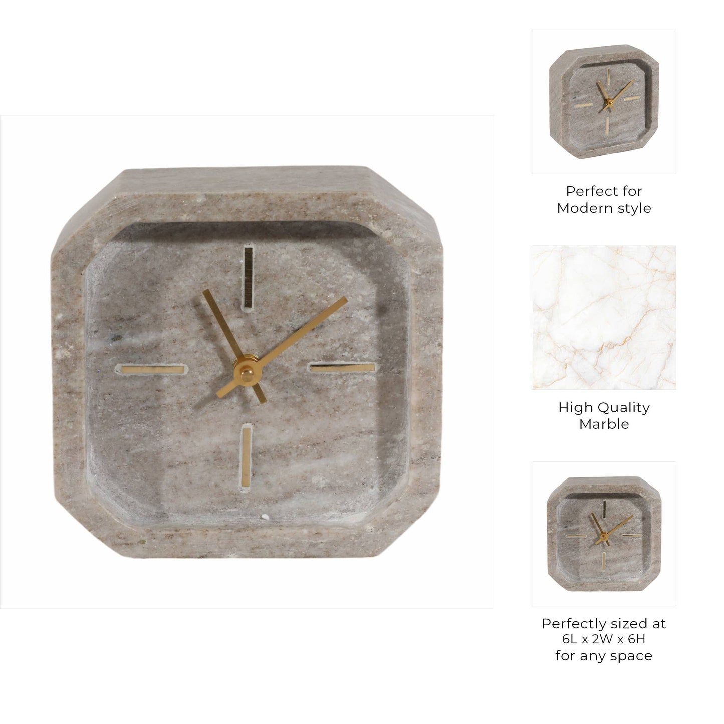 Brown/Gold 6” Marble Octagon Table Clock