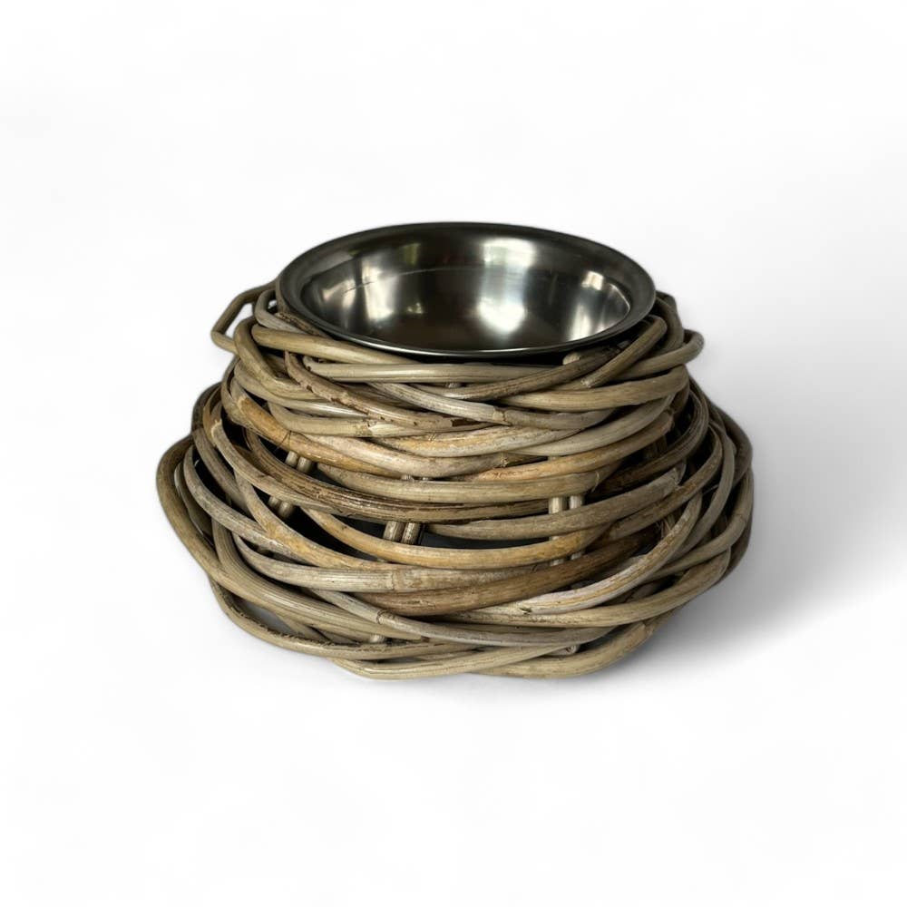 Rattan Pet Bowl with Stainless Steel Bowl- Large