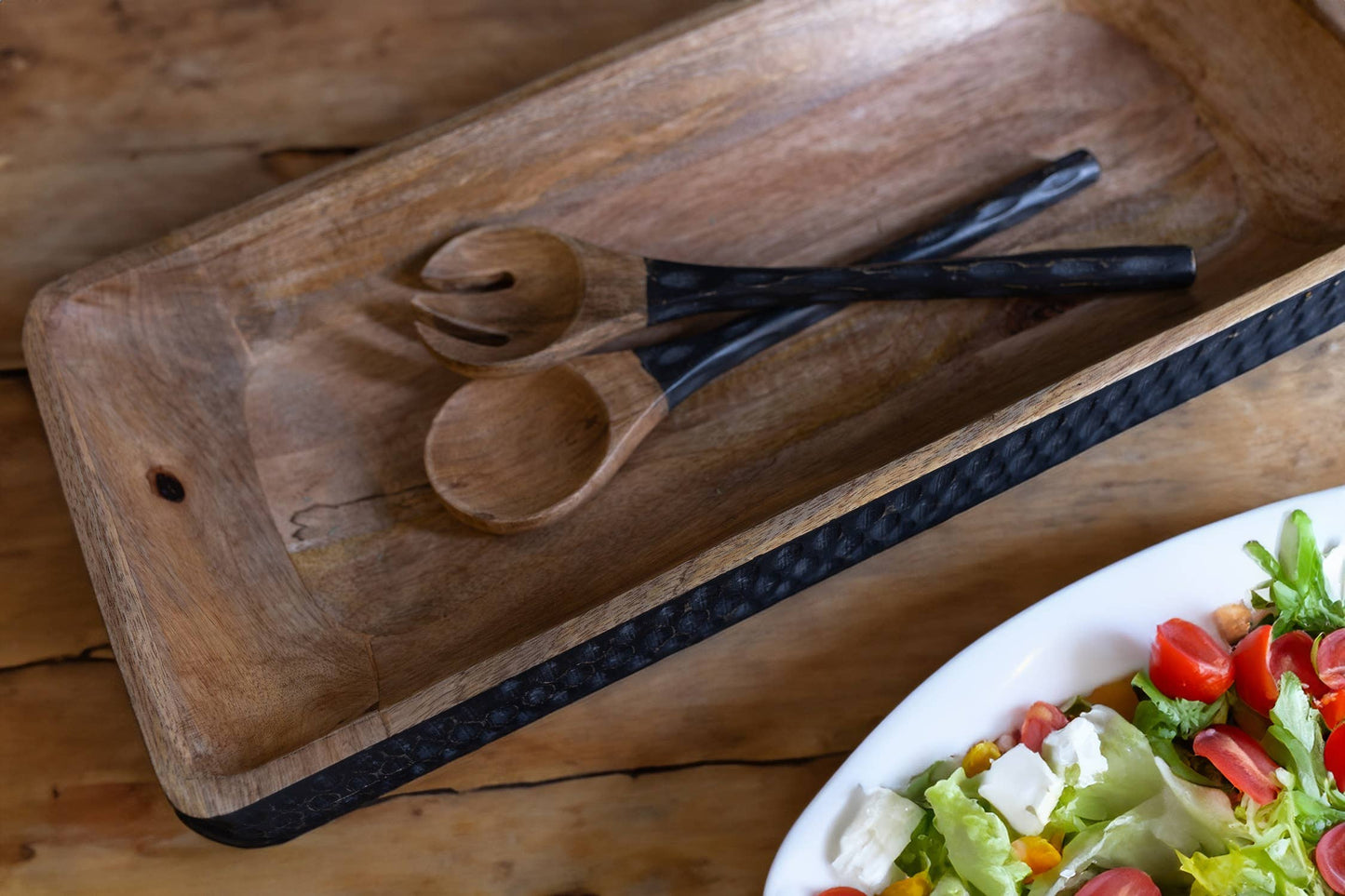 Set of 2 Wooden Carved Salad Servers Natural & Black