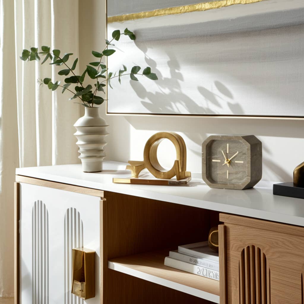 Brown/Gold 6” Marble Octagon Table Clock