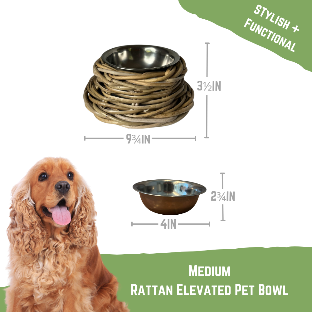 Rattan Pet Bowl with Stainless Steel Bowl- Large