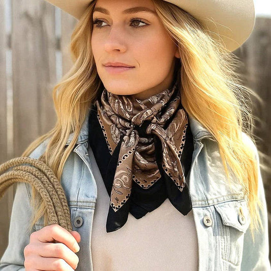 35X35"  Black and Tan Floral Paisley Wild Rag / Scarf