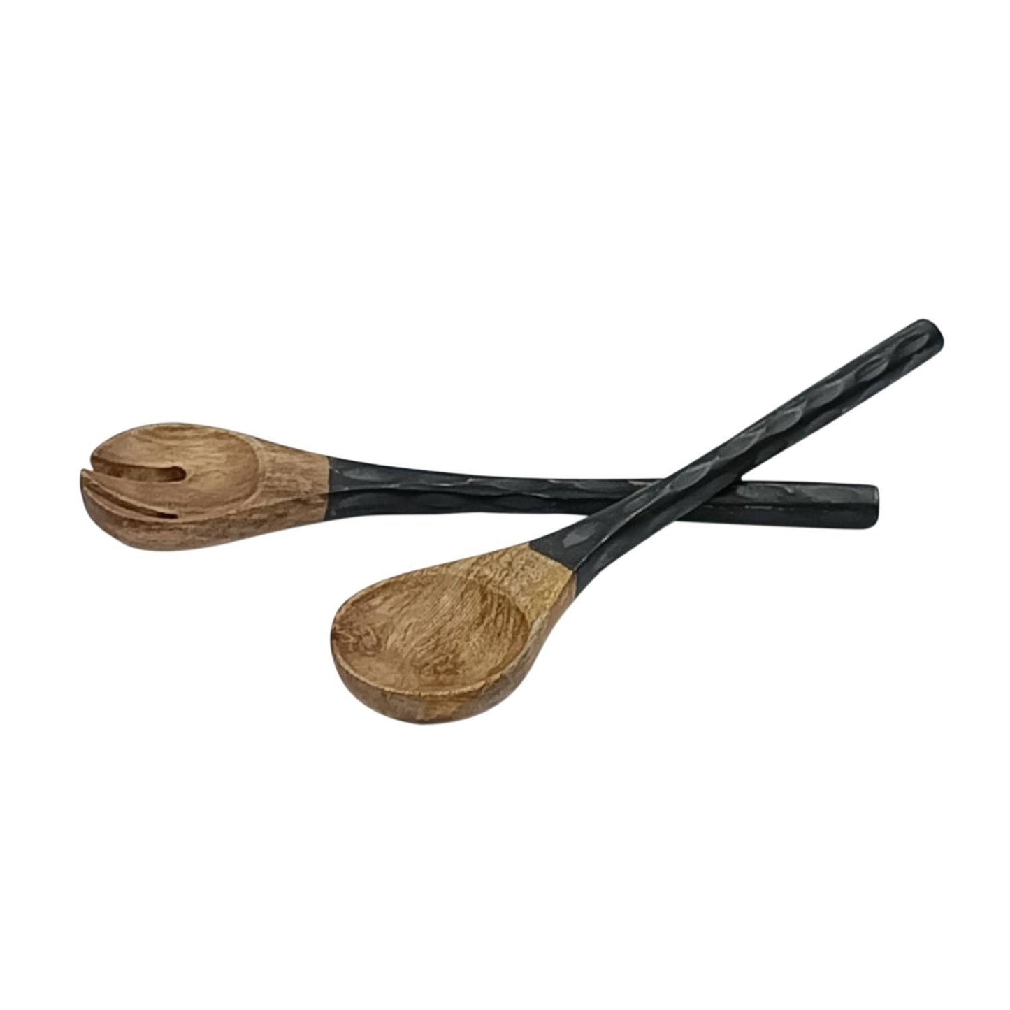 Set of 2 Wooden Carved Salad Servers Natural & Black
