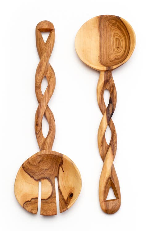 Olive Wood Spiral Salad Servers Set