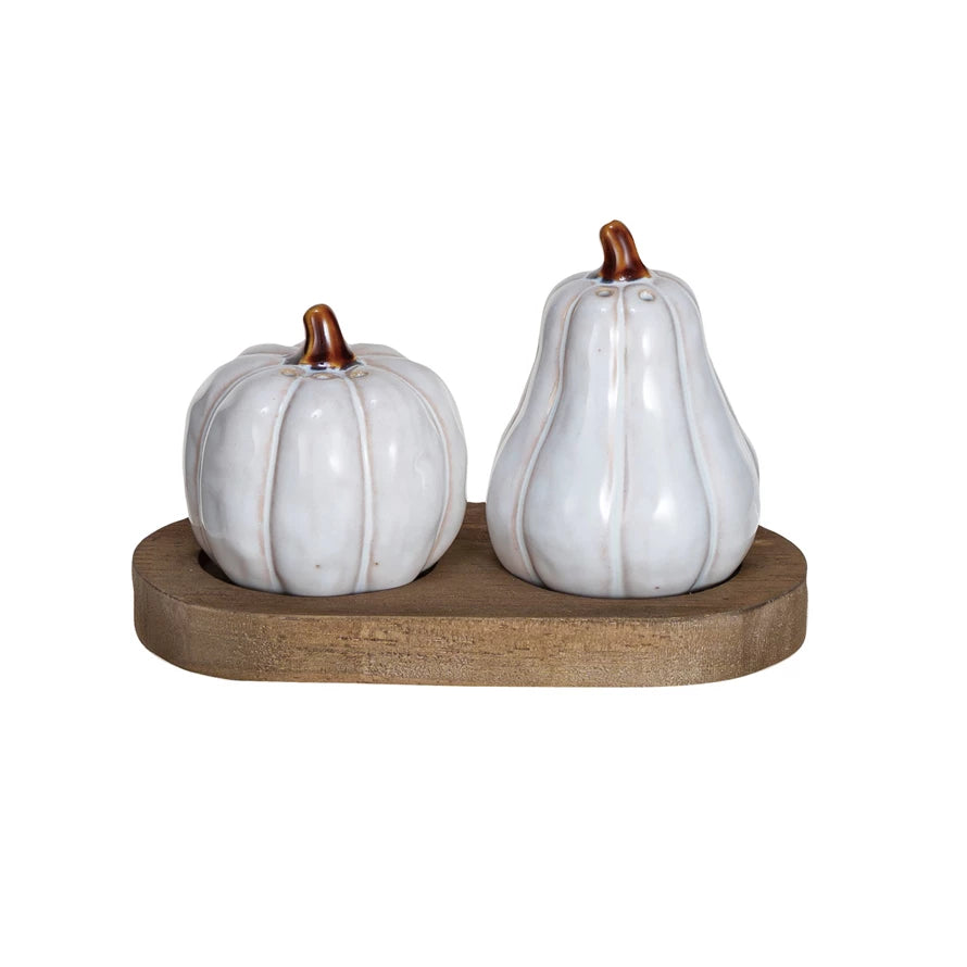 Pumpkin & Gourd Salt & Pepper Shakers w/ Wood Tray (Set of 3)