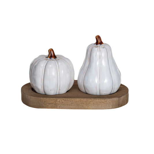 Pumpkin & Gourd Salt & Pepper Shakers w/ Wood Tray (Set of 3)