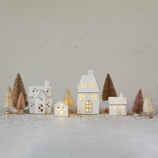 Stoneware Village w/ LED Lights & Gold Electroplating (Set of 4) ( Batteries Included)