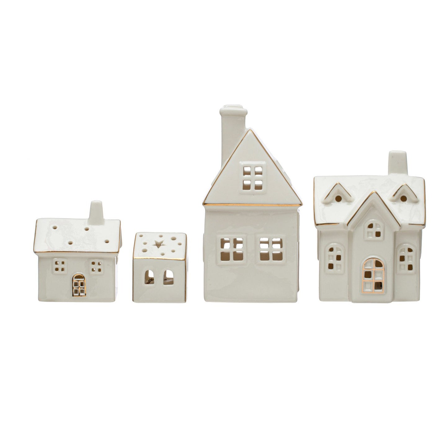 Stoneware Village w/ LED Lights & Gold Electroplating (Set of 4) ( Batteries Included)