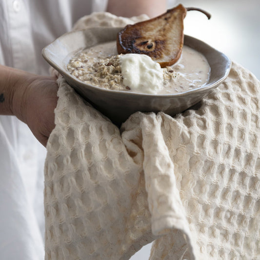 Stonewashed Cotton Waffle Weave Tea Towel, Cream