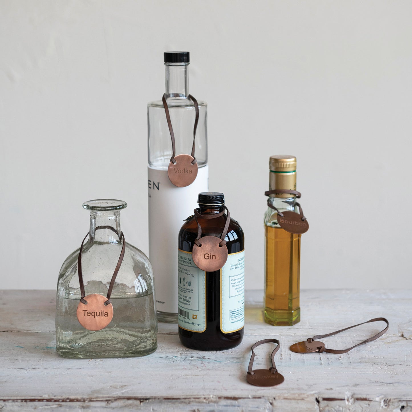 Metal Decanter Bottle Tag w/ Leather Tie set of 6