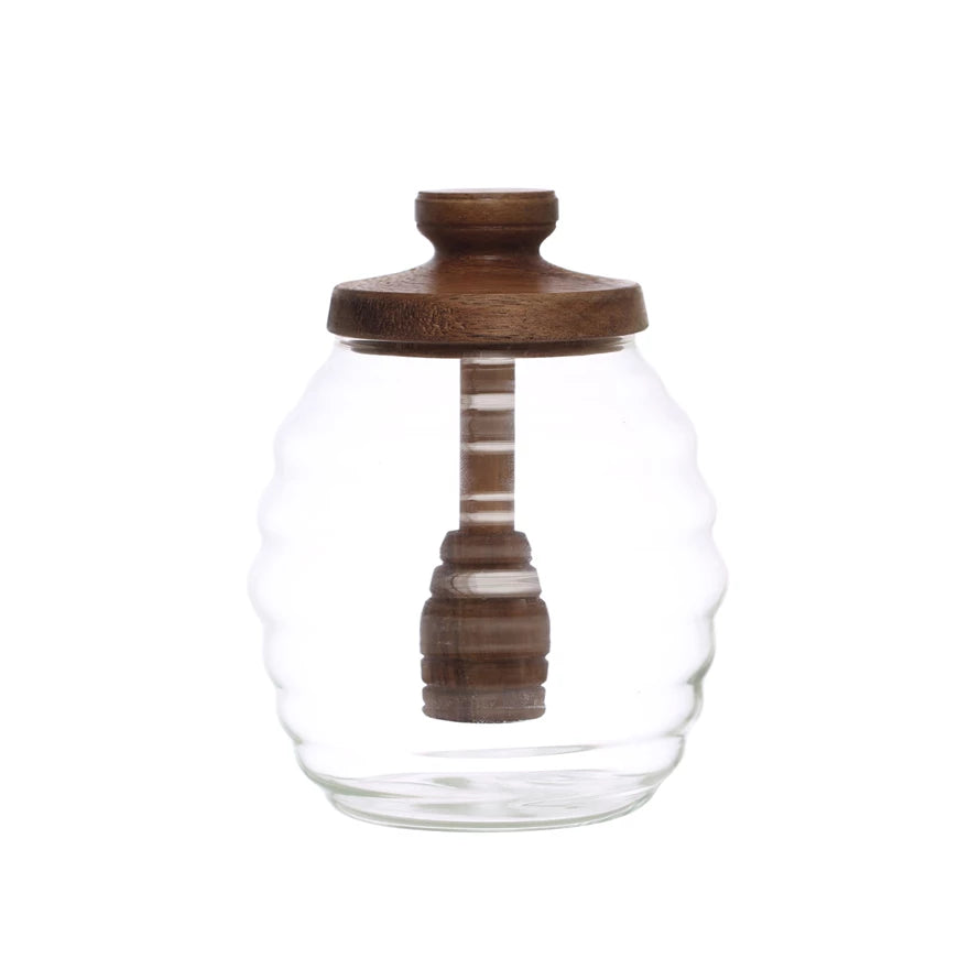 Glass Honey Jar w/ Acacia Wood Lid & Honey Dipper