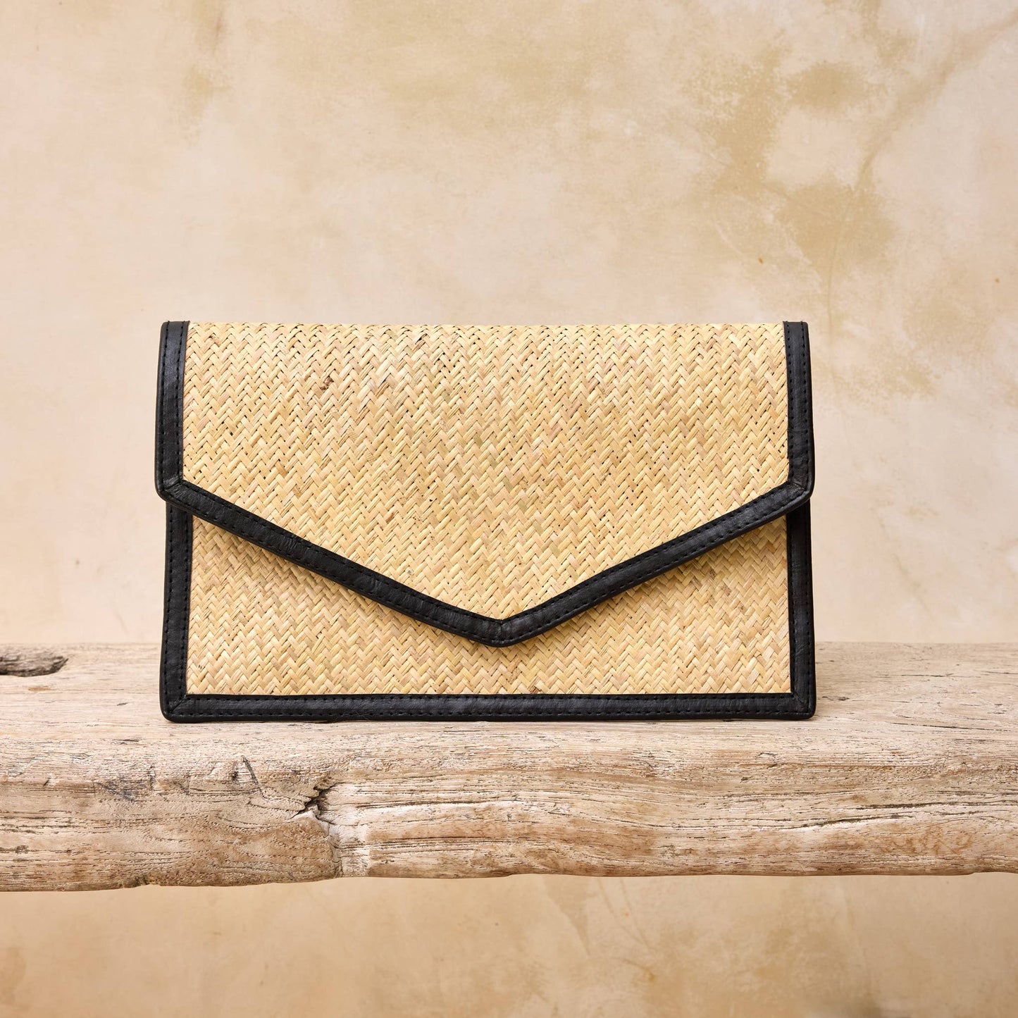 Ivory Rattan Clutch with Black Leather Trim