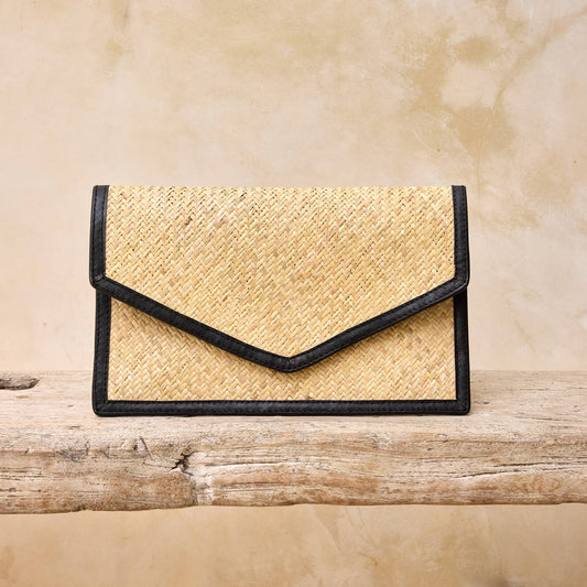 Ivory Rattan Clutch with Black Leather Trim