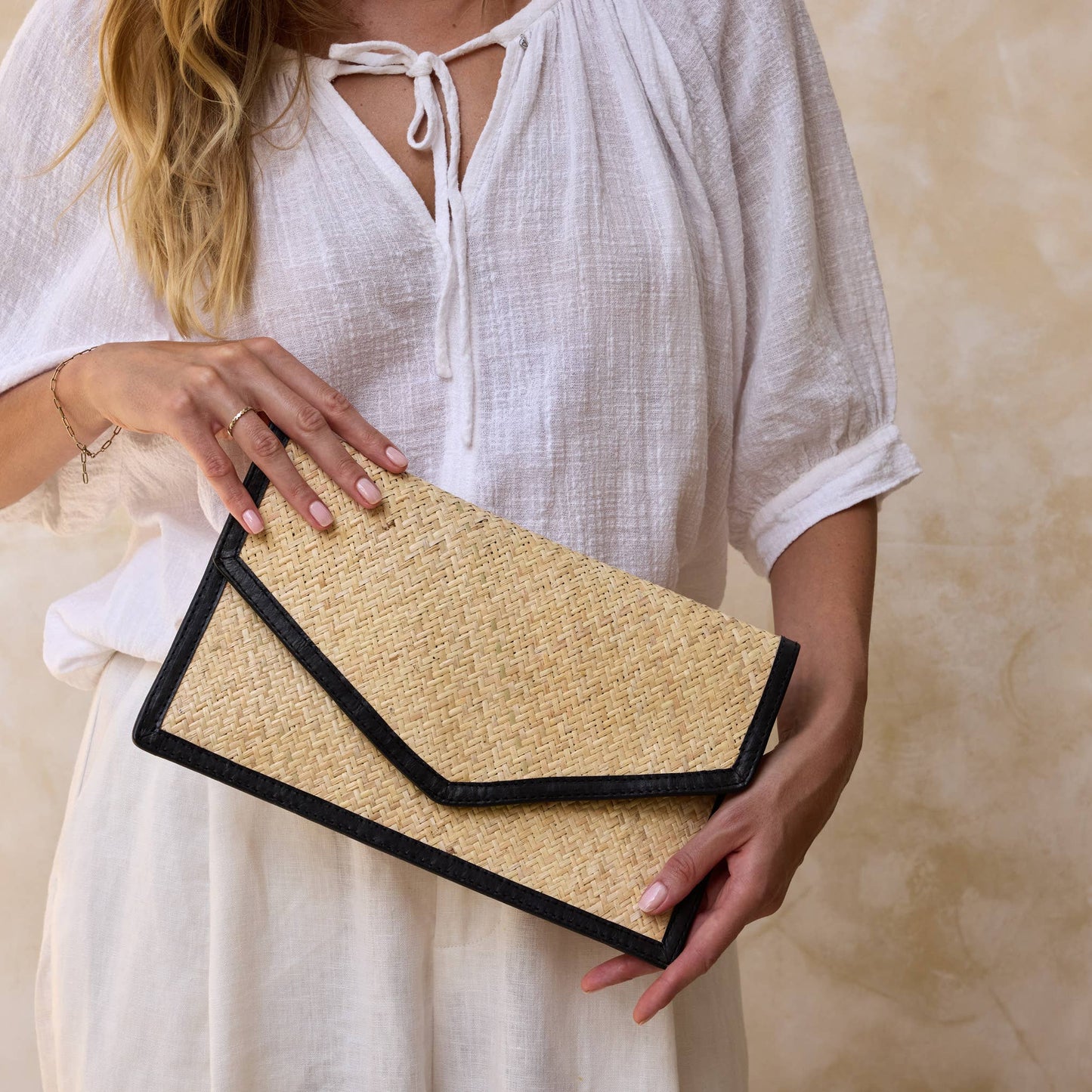 Ivory Rattan Clutch with Black Leather Trim