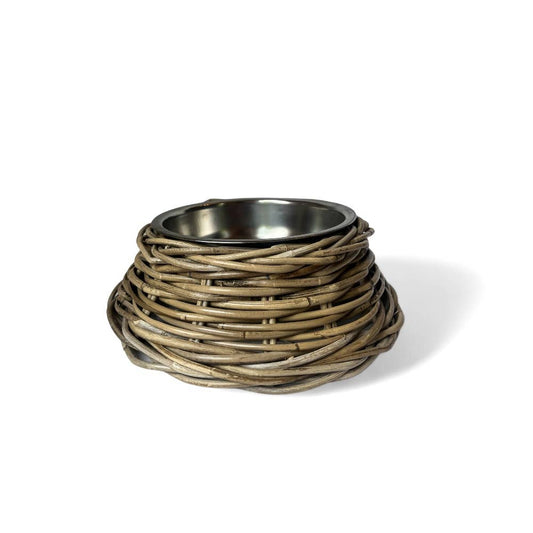 Rattan Pet Bowl with Stainless Steel Bowl- Large
