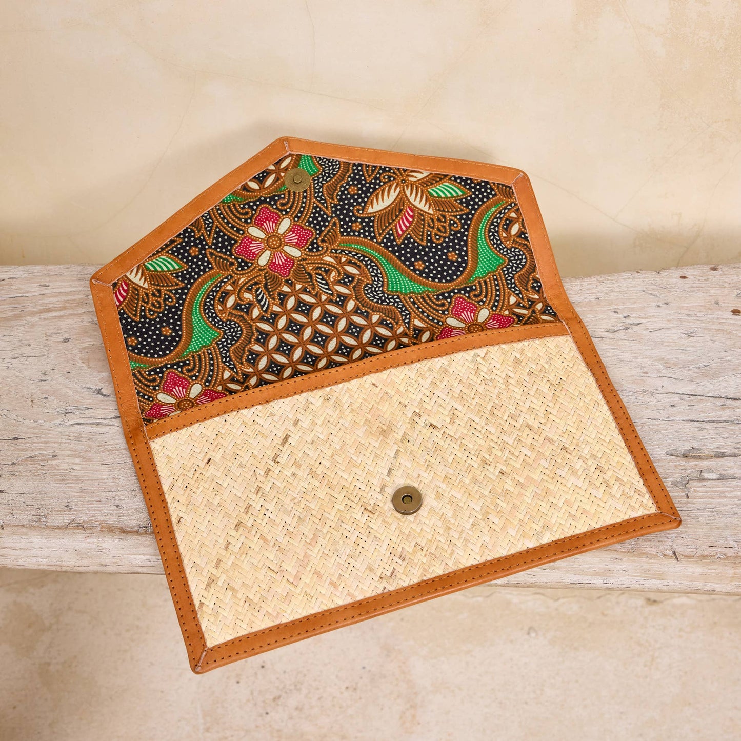 Ivory Rattan Clutch with Brown Leather Trim