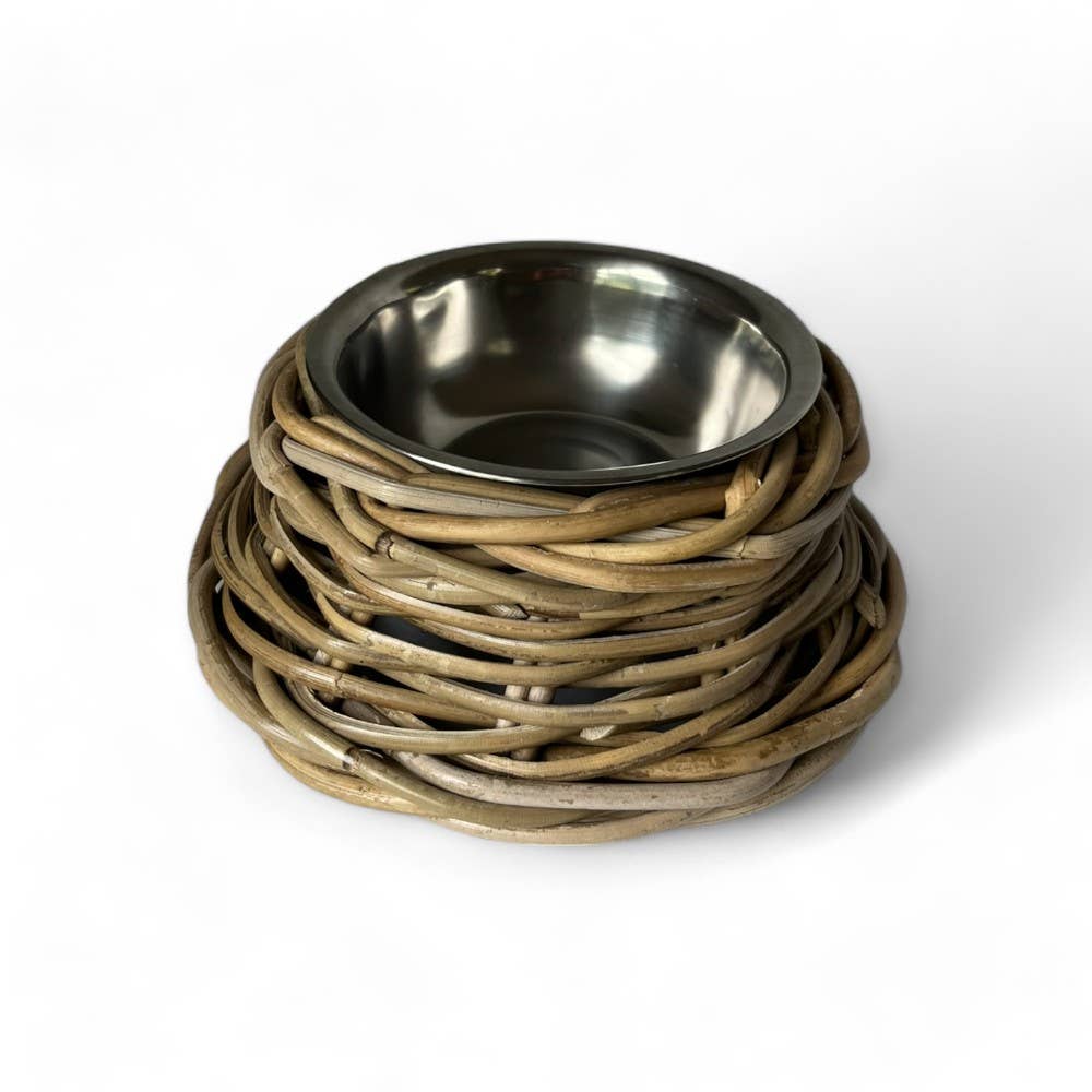 Rattan Pet Bowl with Stainless Steel Bowl - Small