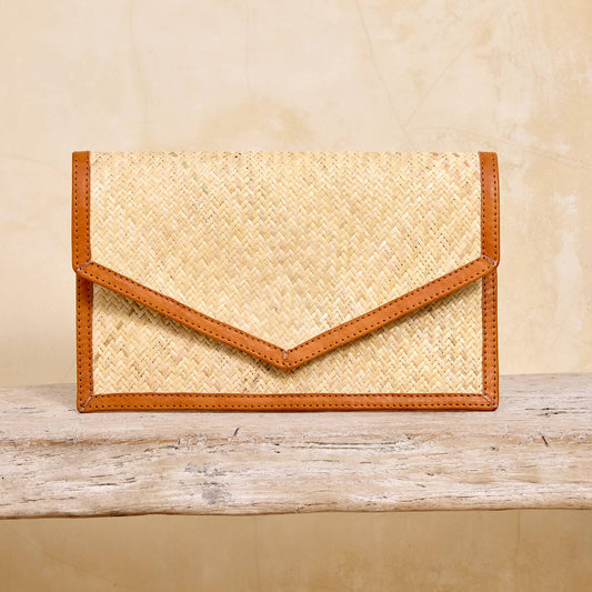 Ivory Rattan Clutch with Brown Leather Trim
