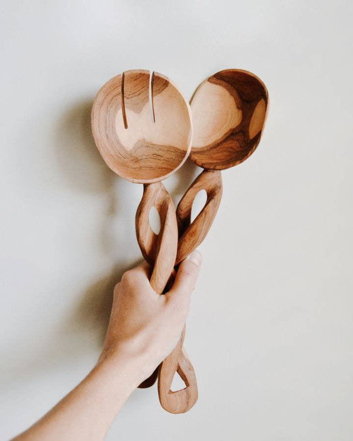 Olive Wood Spiral Salad Servers Set